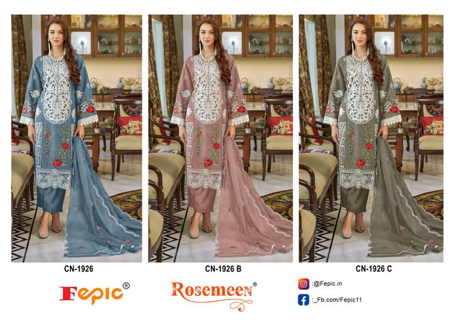 C 1926 Rosemeen By Fepic Organza Embroidery Pakistani Suits Suppliers In India